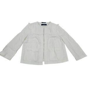 Blue Les Copains White Linen Blend Fringe Blazer Jacket Size 8 Italy Size 40